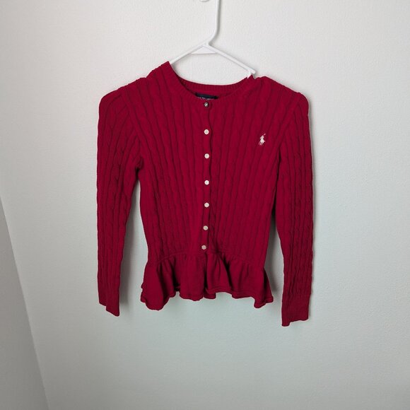 Ralph Lauren Girl's Red Flared Waist Button Up Sweater, 12/14 Large - Picture 2 of 6